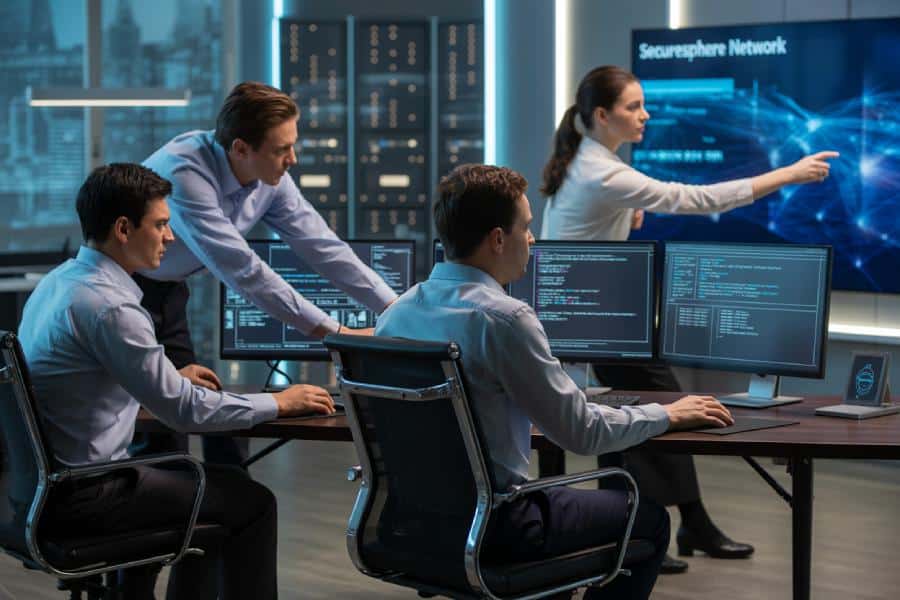 cybersecurity team working on computers