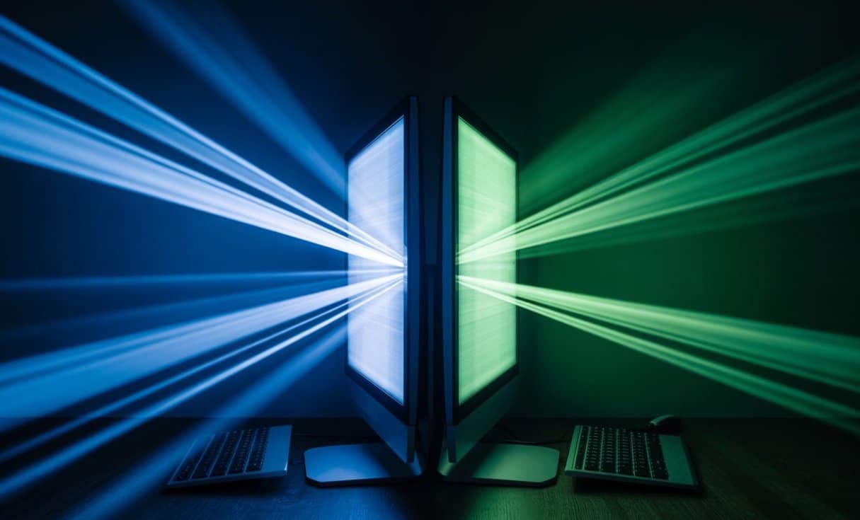 two screens with beams of green and blue light