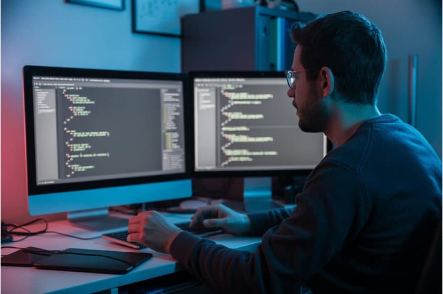 web dev running code tests on a computer with two screens